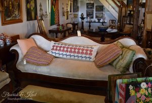 Beautiful sofa and throw cushions at Coach House Antiques, Victoria, PEI