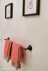 A $300 coral, brown, and white bathroom makeover | One Room Challenge | flourishandknot.com