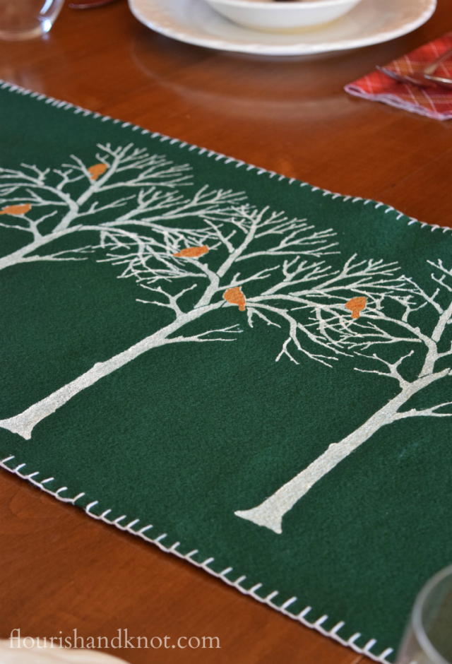 Rustic, elegant stencilled birch tree table runner | with Cutting Edge Stencils | flourishandknot.com