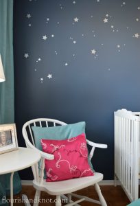 Navy, pink, turquoise, and white Harry Potter nursery with starry focal wall