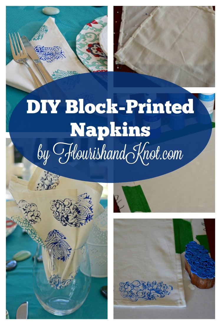 DIY block-printed napkins in blues and turquoise | flourishandknot.com
