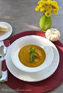 Carrot and roasted sweet potato soup recipe | harvest soup recipe | flourishandknot.com