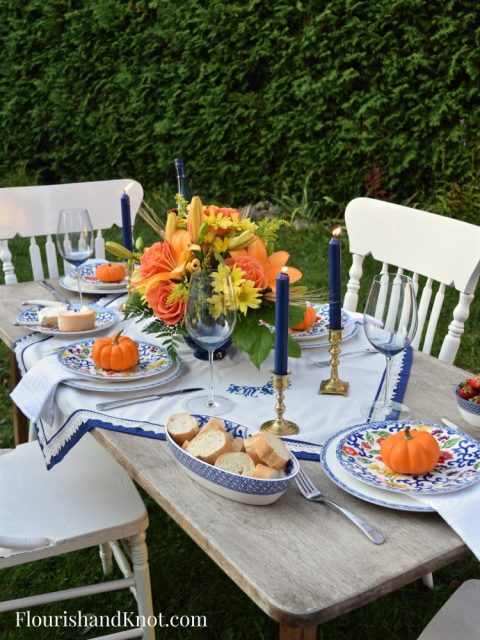 Thanksgiving Tablescape Full | Blue and Orange Autumn Table