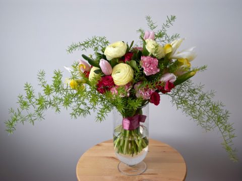 Yellow & Pink Spring Handtied Bouquet | Yellow Clooney Ranunculus, Yellow Iris, Pink Tulips & Carnations, Hot Pink Spray Roses