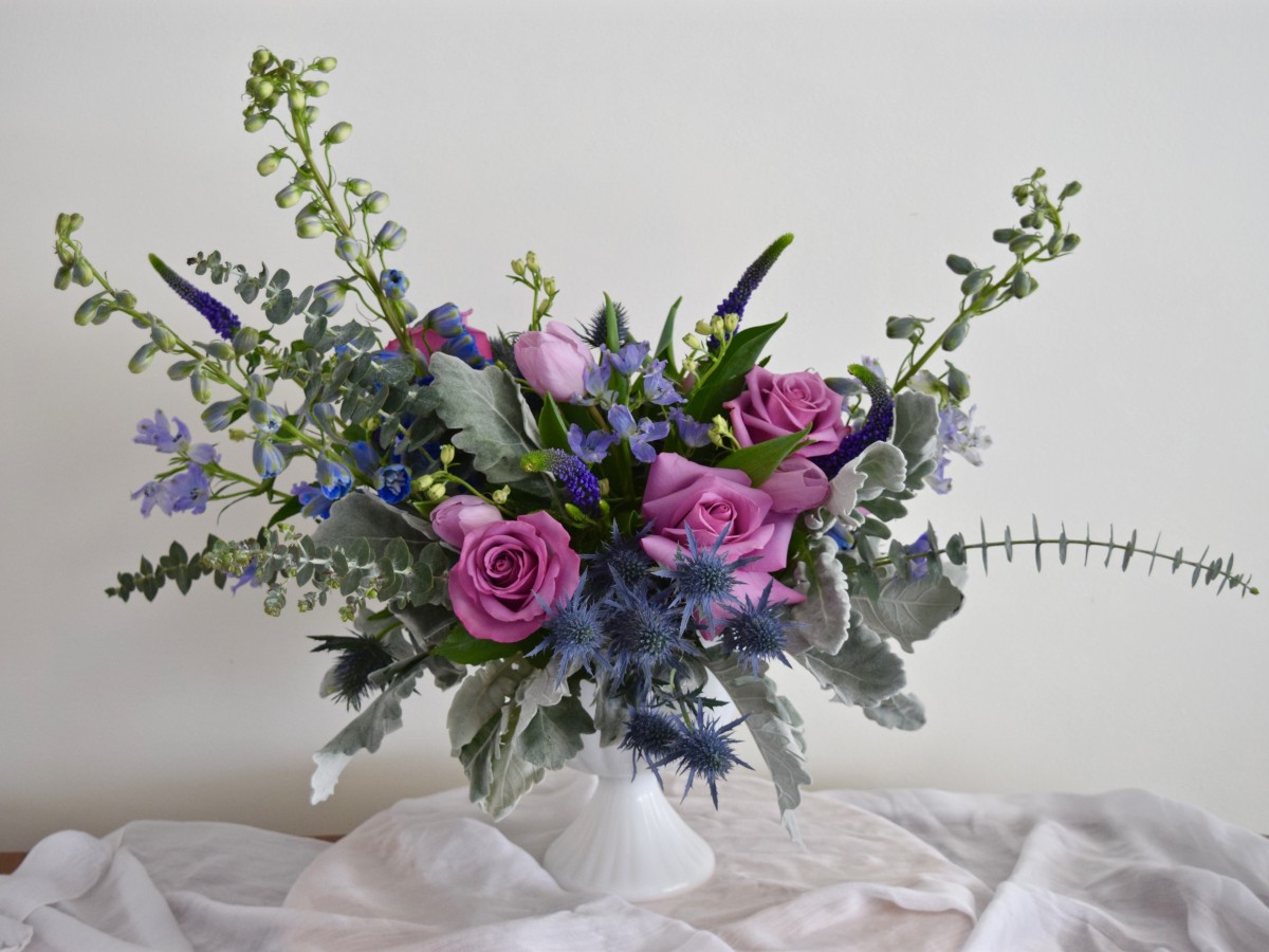 Blue and purple wedding centerpiece | Blue, purple, lavender wedding palette | Flourish & Knot | Montreal wedding florist