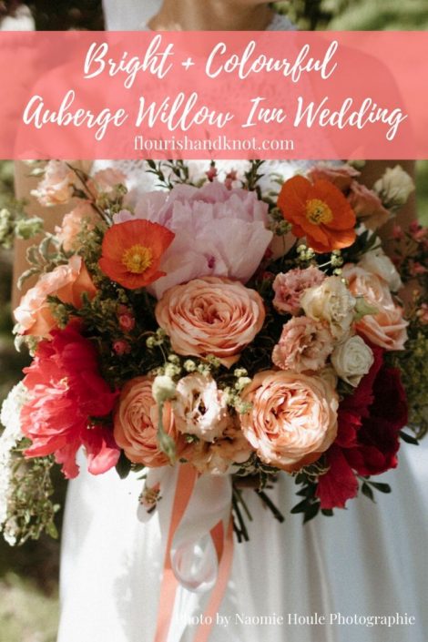 Peony and rose bridal bouquet in coral, pink, and orange | Peony bouquet | Auberge Willow Inn Wedding | Flourish & Knot | Naomie Houle Photographie