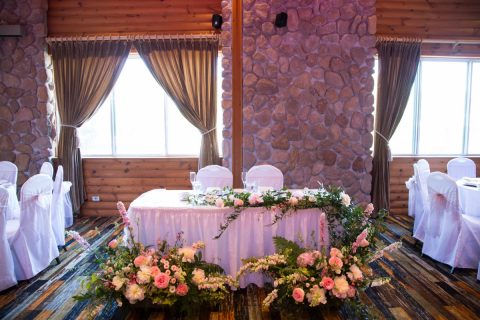 Sweetheart table with floral installation with peonies, greenery, roses | Hotel Mont Gabriel Wedding | Flourish & Knot | Cassandre Poblah Photography