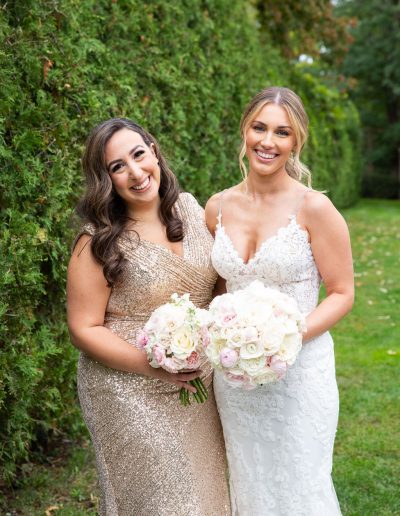 Classic bride in lace dress with bridesmaid in gold with cream and pink classic bridal bouquet | CEP Studio | Flourish & Knot