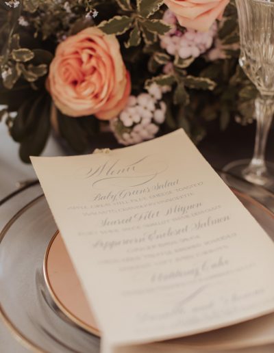Pale blue menu cards with peach flowers and place setting | Kerstin Hahn Photography | Flourish & Knot