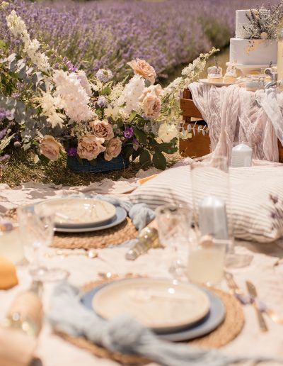 Picnic-style elopement in lavender field