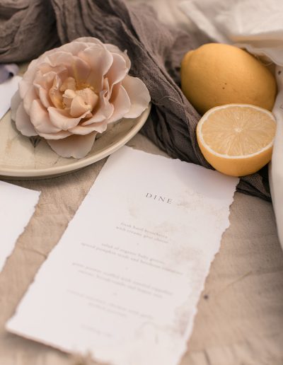 Natural deckled edge stationery with garden rose and lemons