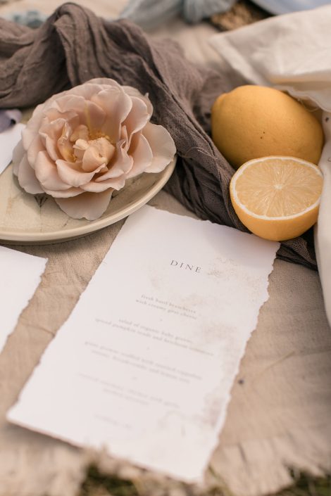 Natural deckled edge stationery with garden rose and lemons