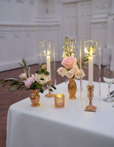 Brass bud vases and candlesticks with lush pink and white florals | CEP Studio | Flourish & Knot