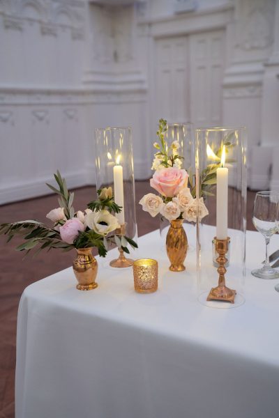 Brass bud vases and candlesticks with lush pink and white florals | CEP Studio | Flourish & Knot