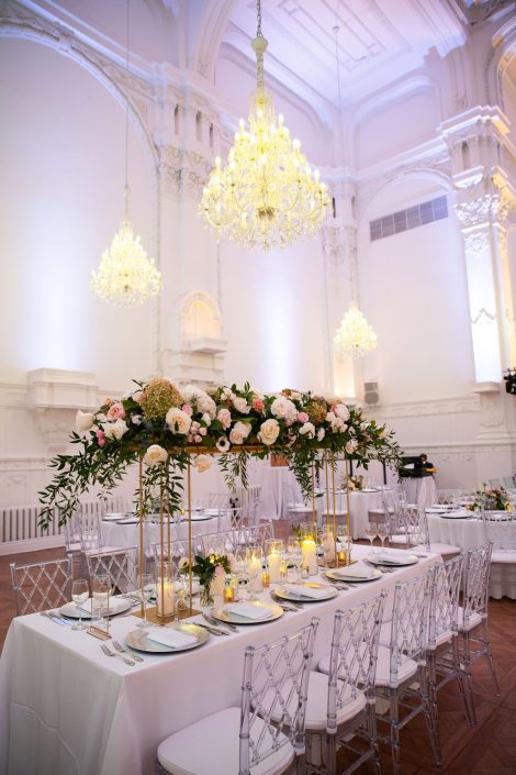 Luxurious wedding florals | Elevated bridge centrepiece in pink and white at Maison Principal wedding | CEP Studio | Flourish & Knot