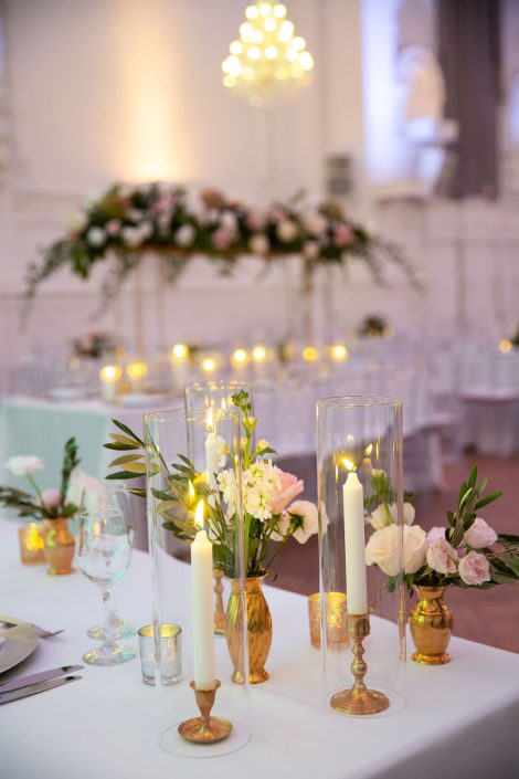 Elegant sweetheart table with brass candlesticks and lush bud vases | CEP Studio | Flourish & Knot
