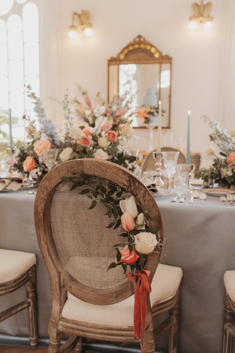 Wood colonial wedding chair with floral detail | Kerstin Hahn Photography | Flourish & Knot