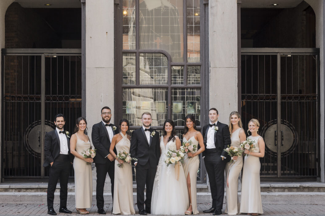 Wedding party with champagne dresses and rose bouquets | Flourish & Knot | Montreal wedding florist | Hotel Place D'Armes wedding | Montreal Old Port Wedding